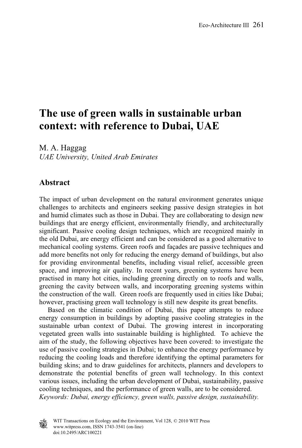 The Use of Green Walls in Sustainable Urban Context: with Reference to Dubai, UAE