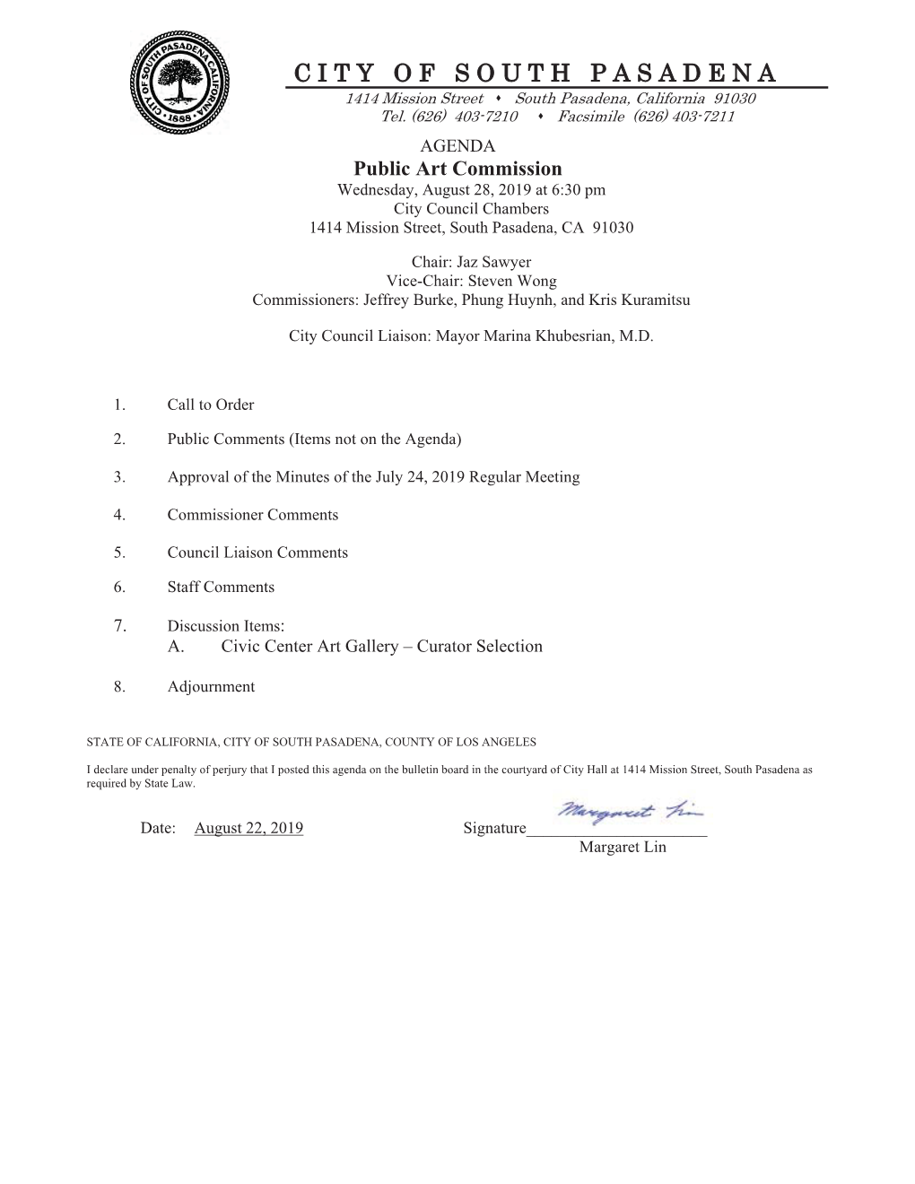 Page 1 AGENDA Public Art Commission Wednesday, August