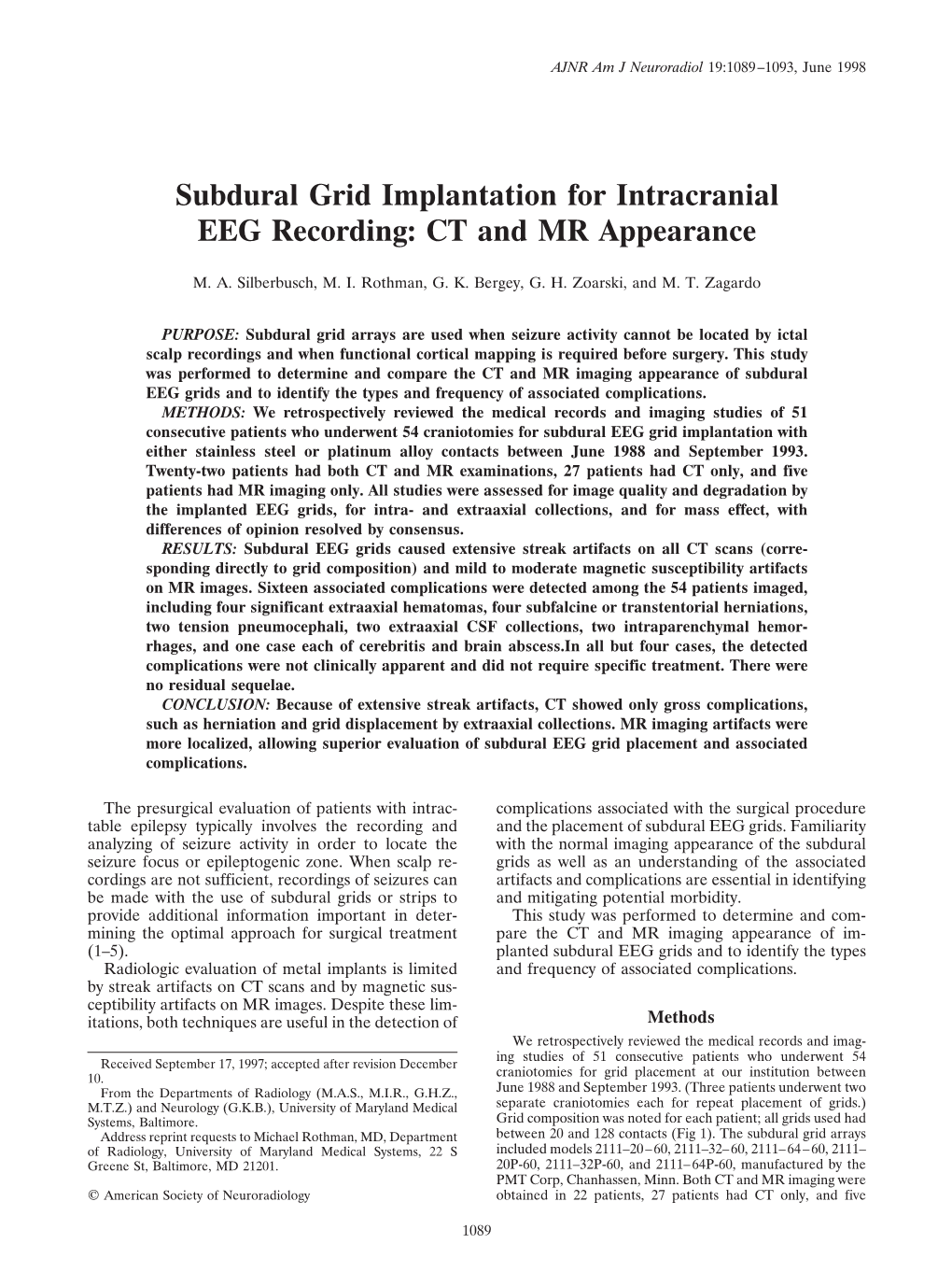 Subdural Grid Implantation for Intracranial EEG Recording: CT and MR Appearance