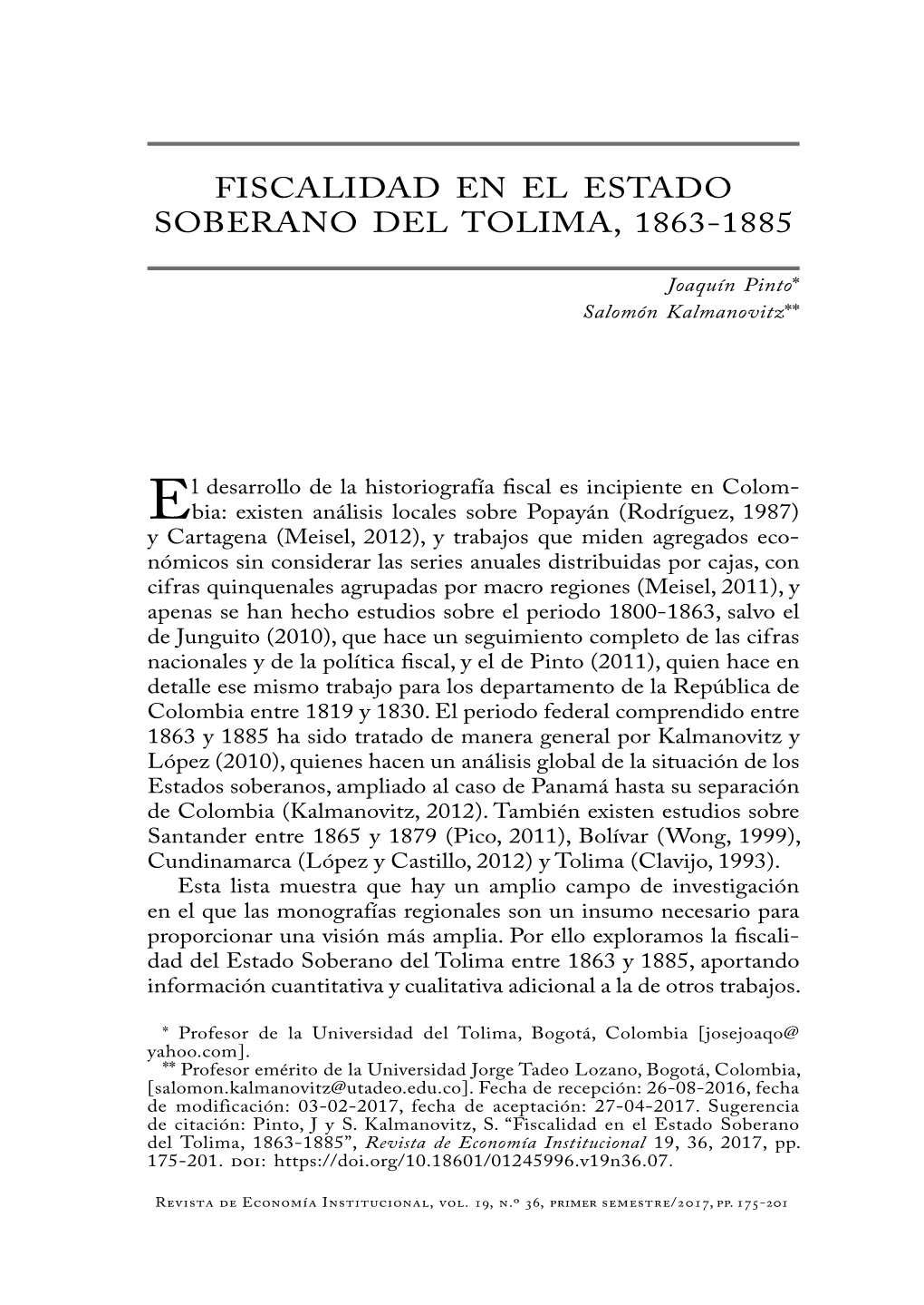 Fiscalidad En El Estado Soberano Del Tolima, 1863-1885