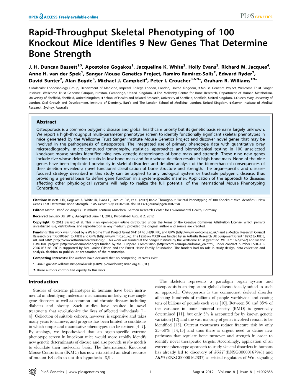 Rapid-Throughput Skeletal Phenotyping of 100 Knockout Mice Identifies 9 New Genes That Determine Bone Strength