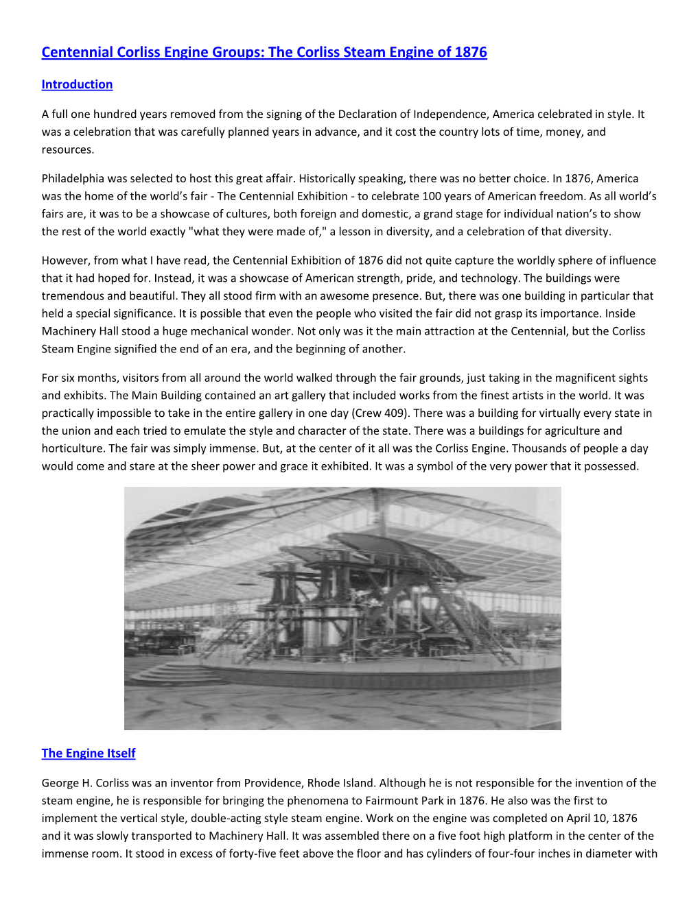 Centennial Corliss Engine Groups: the Corliss Steam Engine of 1876