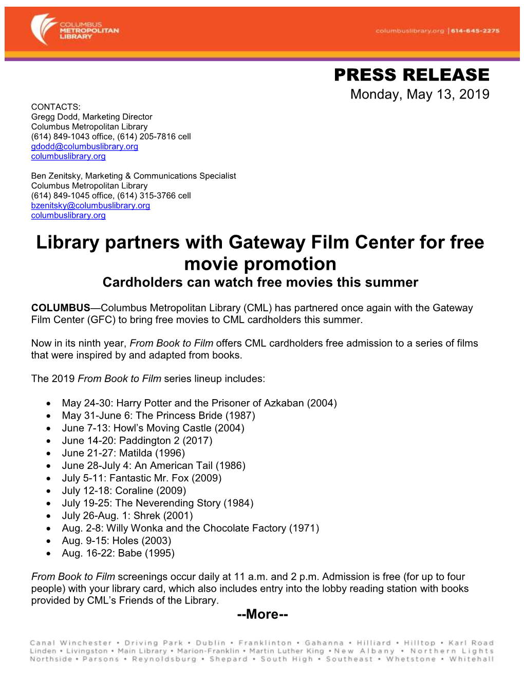 Library Partners with Gateway Film Center for Free Movie Promotion Cardholders Can Watch Free Movies This Summer