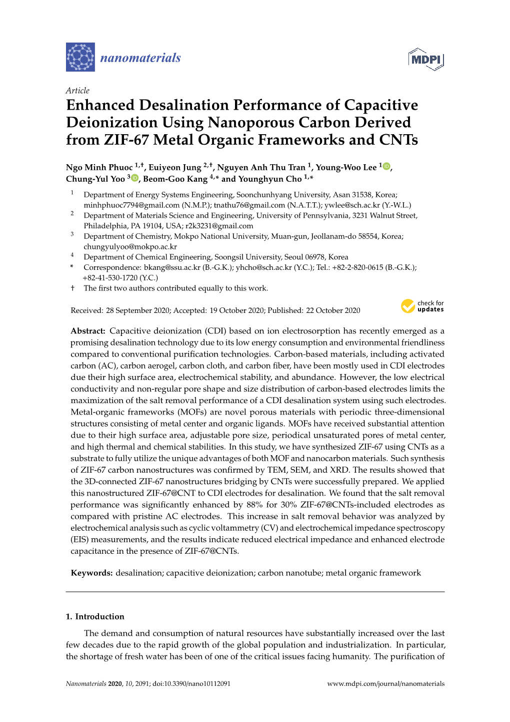 Enhanced Desalination Performance of Capacitive Deionization Using Nanoporous Carbon Derived from ZIF-67 Metal Organic Frameworks and Cnts