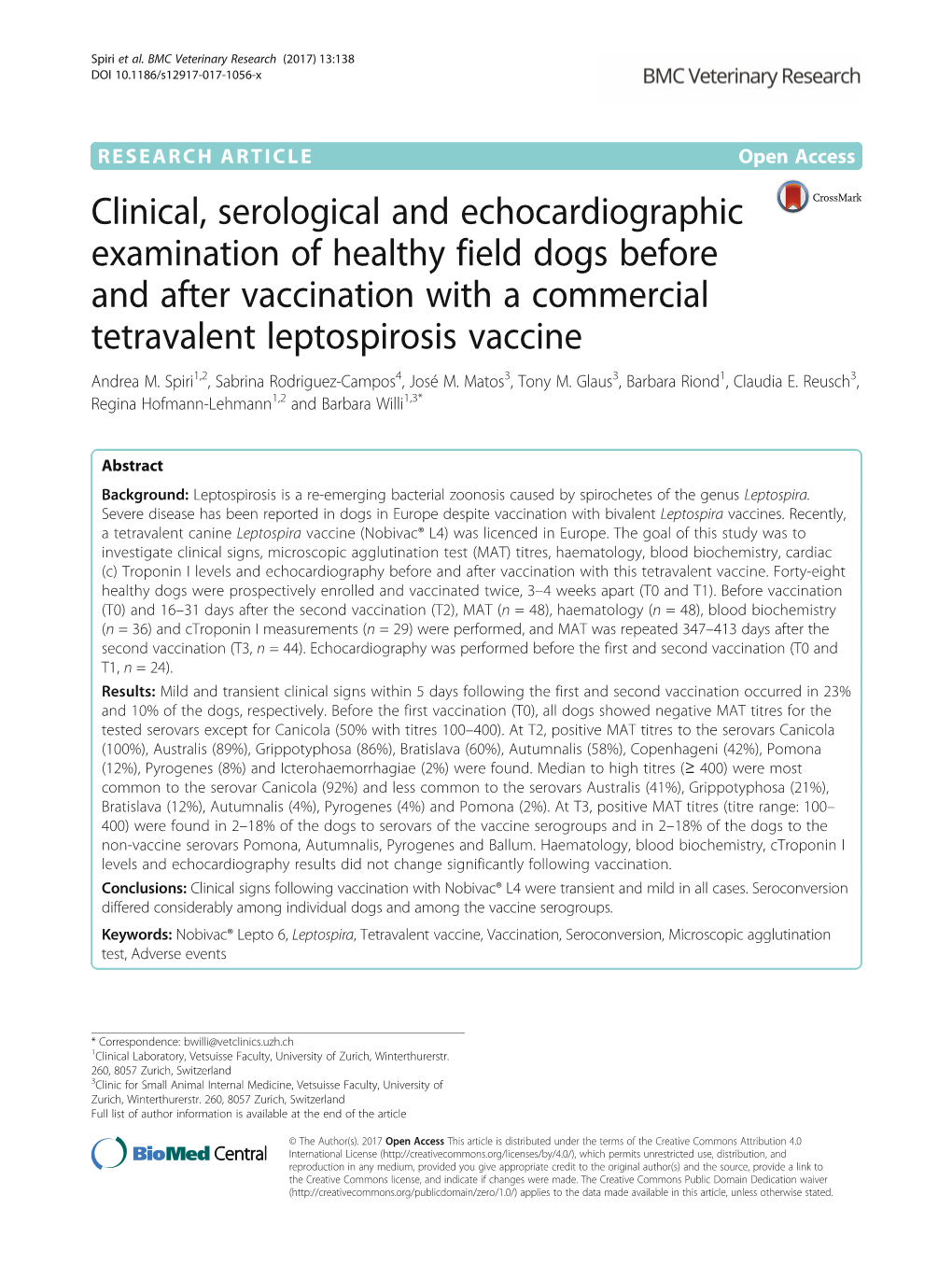 Clinical, Serological and Echocardiographic Examination of Healthy Field Dogs Before and After Vaccination with a Commercial