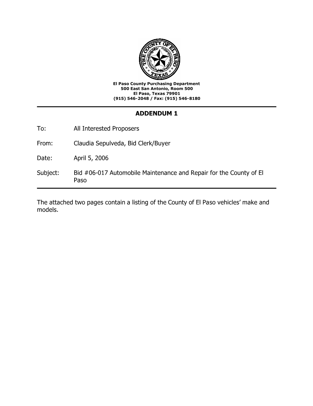 Bid #06-017 Automobile Maintenance and Repair for the County of El Paso