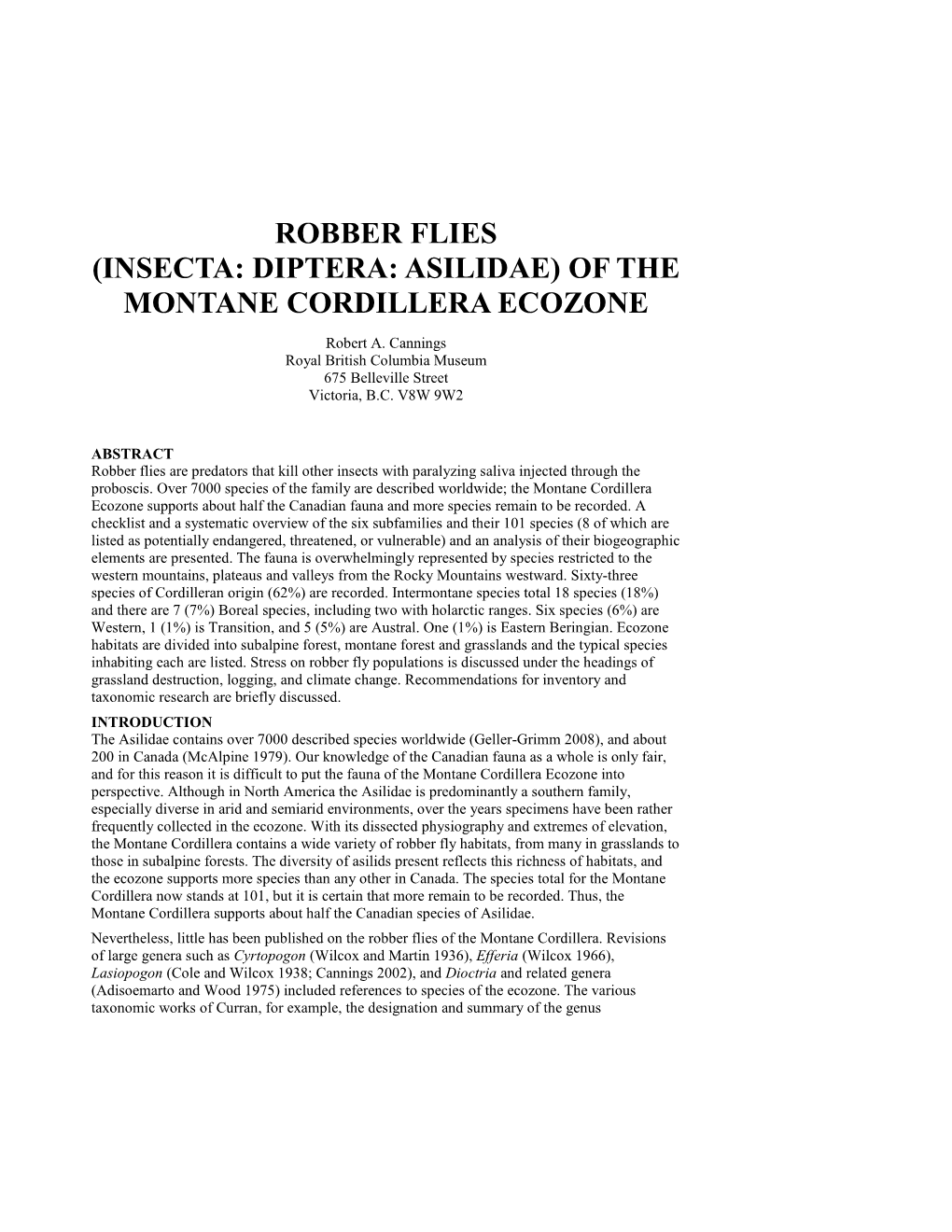 Robber Flies (Insecta: Diptera: Asilidae) of the Montane Cordillera Ecozone