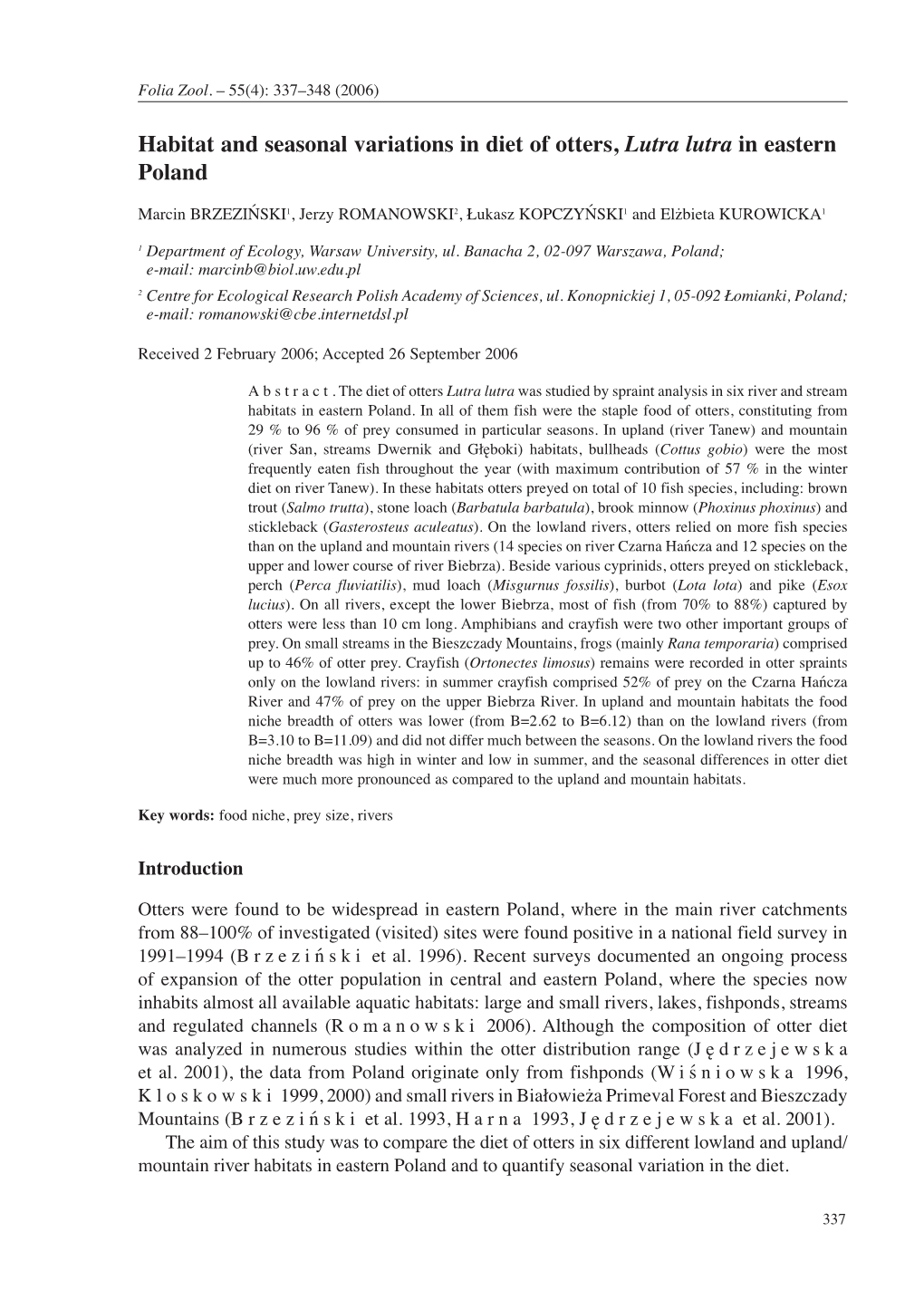 Habitat and Seasonal Variations in Diet of Otters, Lutra Lutra in Eastern Poland