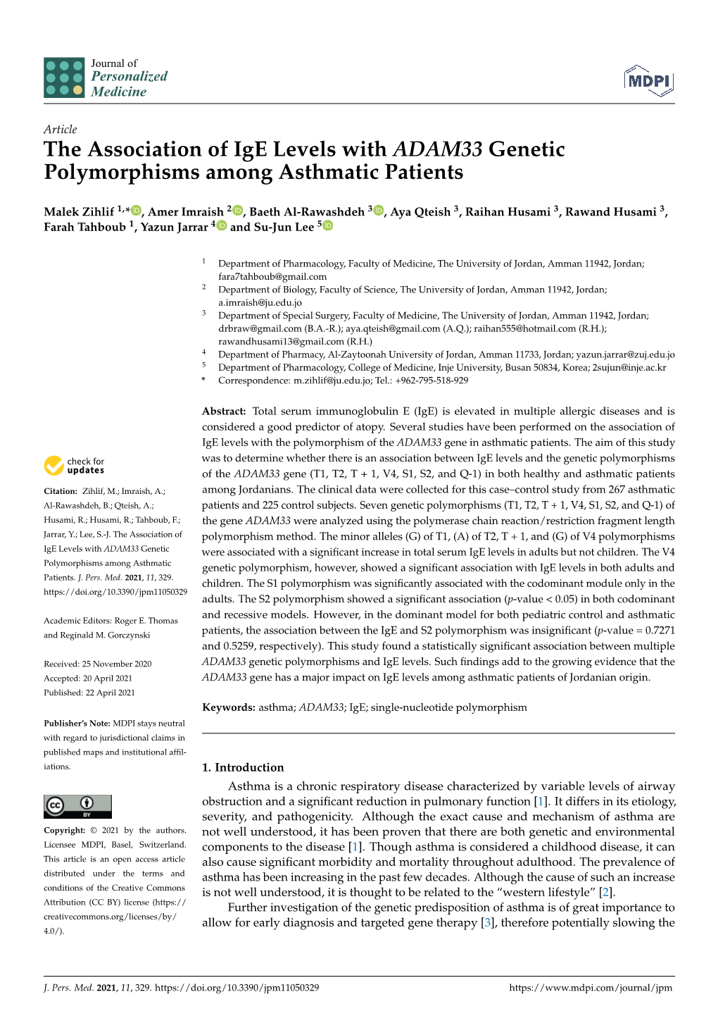 The Association of Ige Levels with ADAM33 Genetic Polymorphisms Among Asthmatic Patients