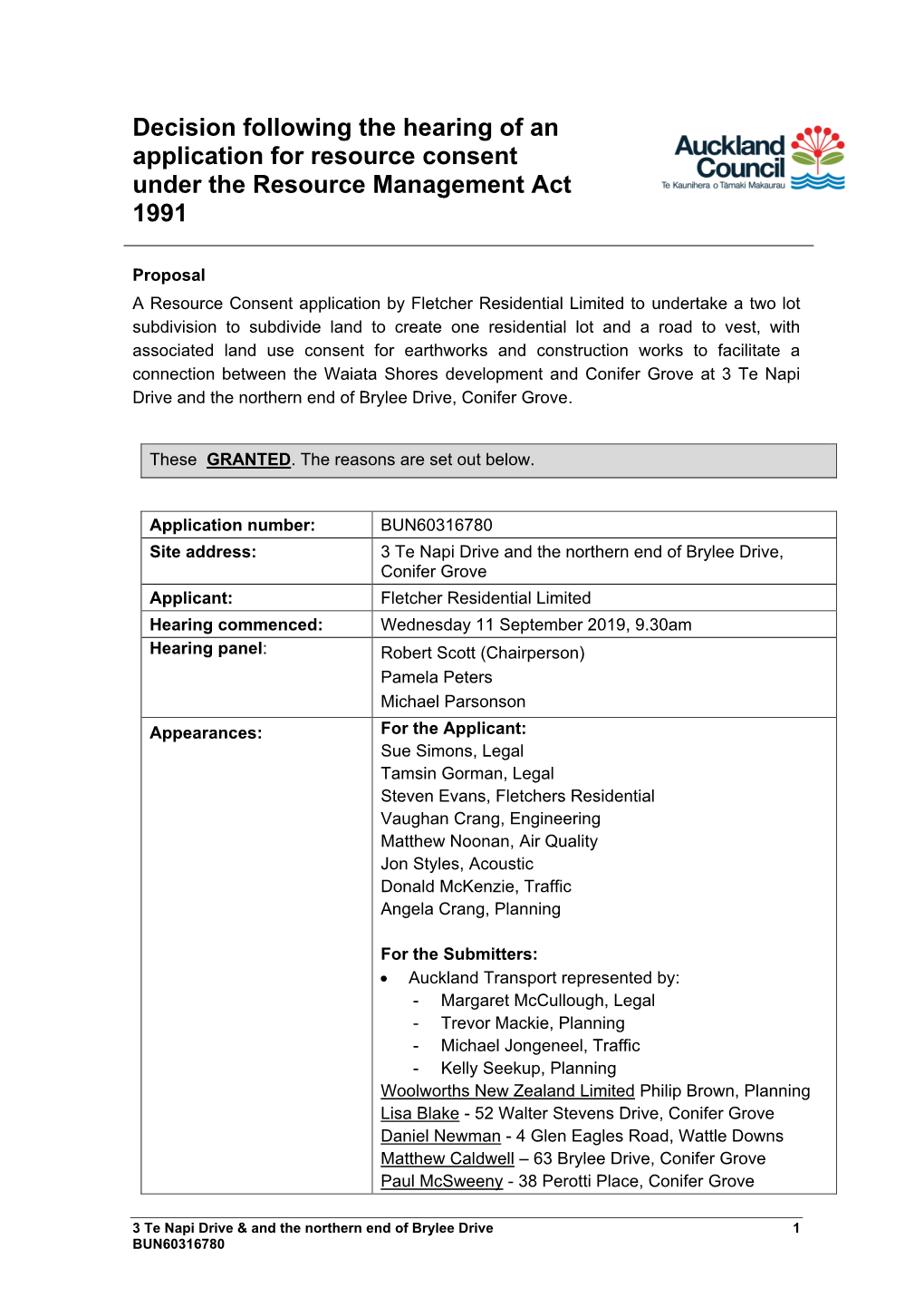 Decision Following the Hearing of an Application for Resource Consent Under the Resource Management Act 1991