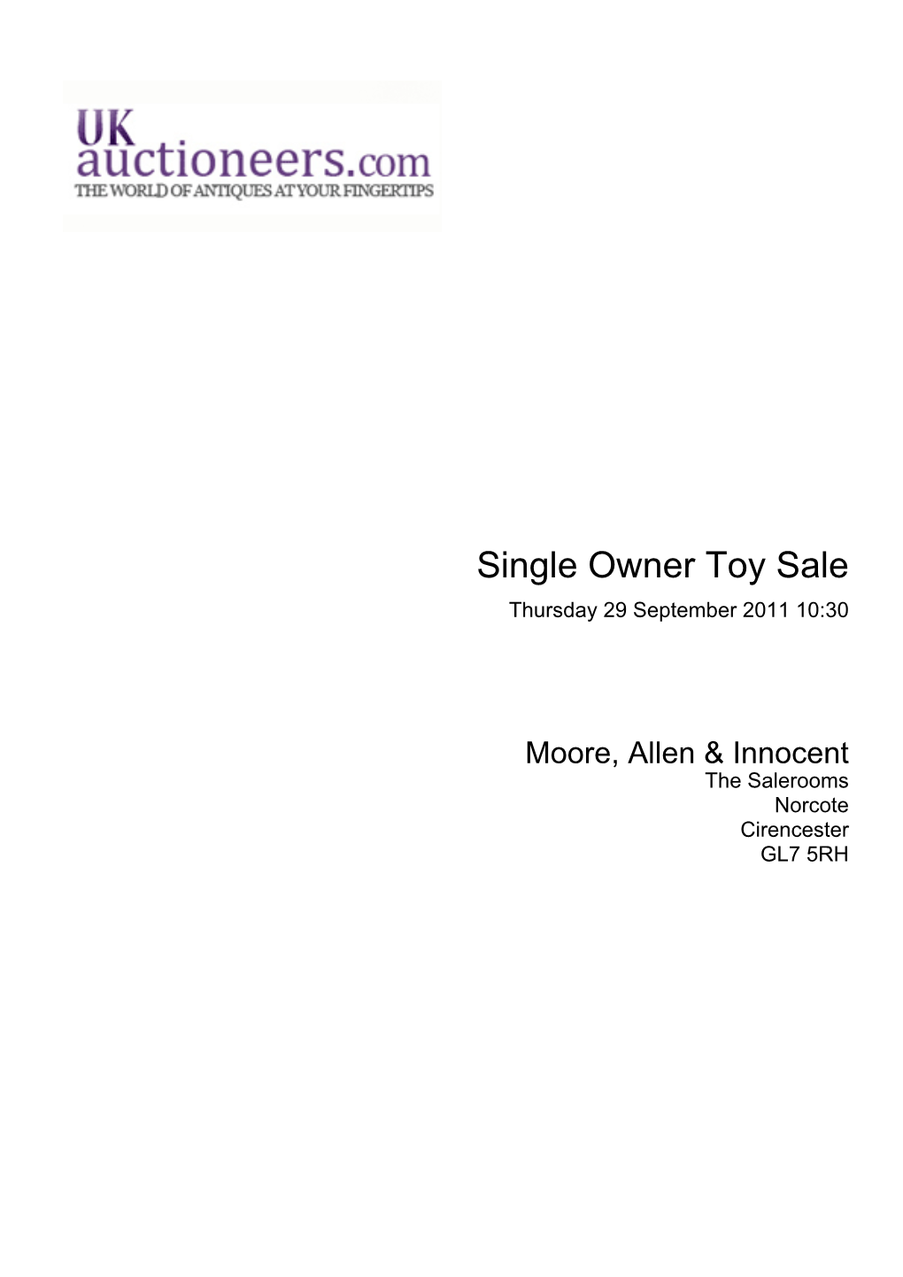 Single Owner Toy Sale Thursday 29 September 2011 10:30