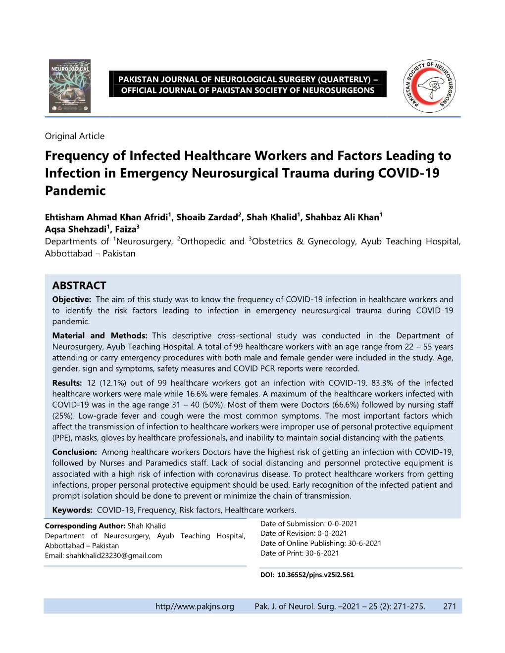 Frequency of Infected Healthcare Workers and Factors Leading to Infection in Emergency Neurosurgical Trauma During COVID-19 Pandemic