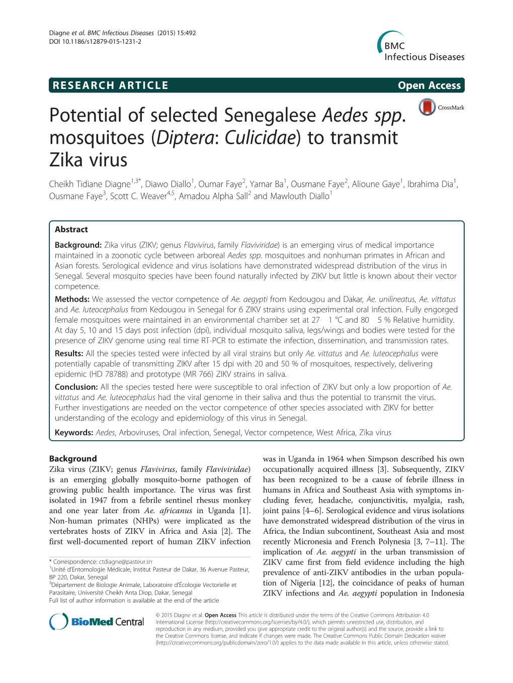 Potential of Selected Senegalese Aedes Spp. Mosquitoes