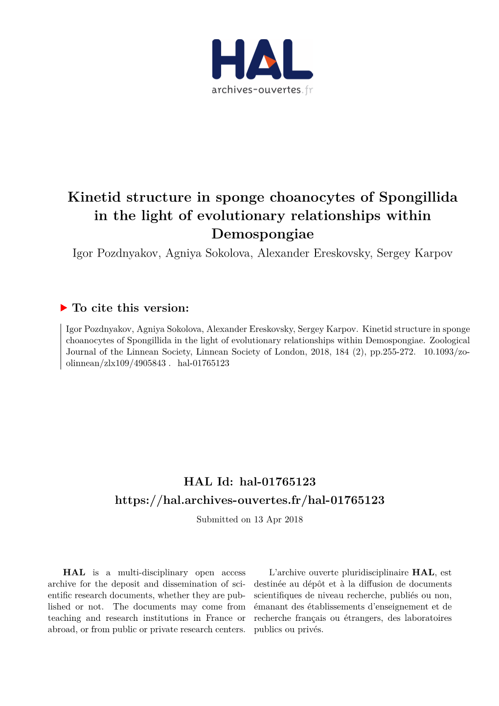 Kinetid Structure in Sponge Choanocytes of Spongillida in The