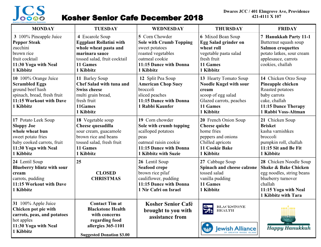 Kosher Senior Cafe December 2018