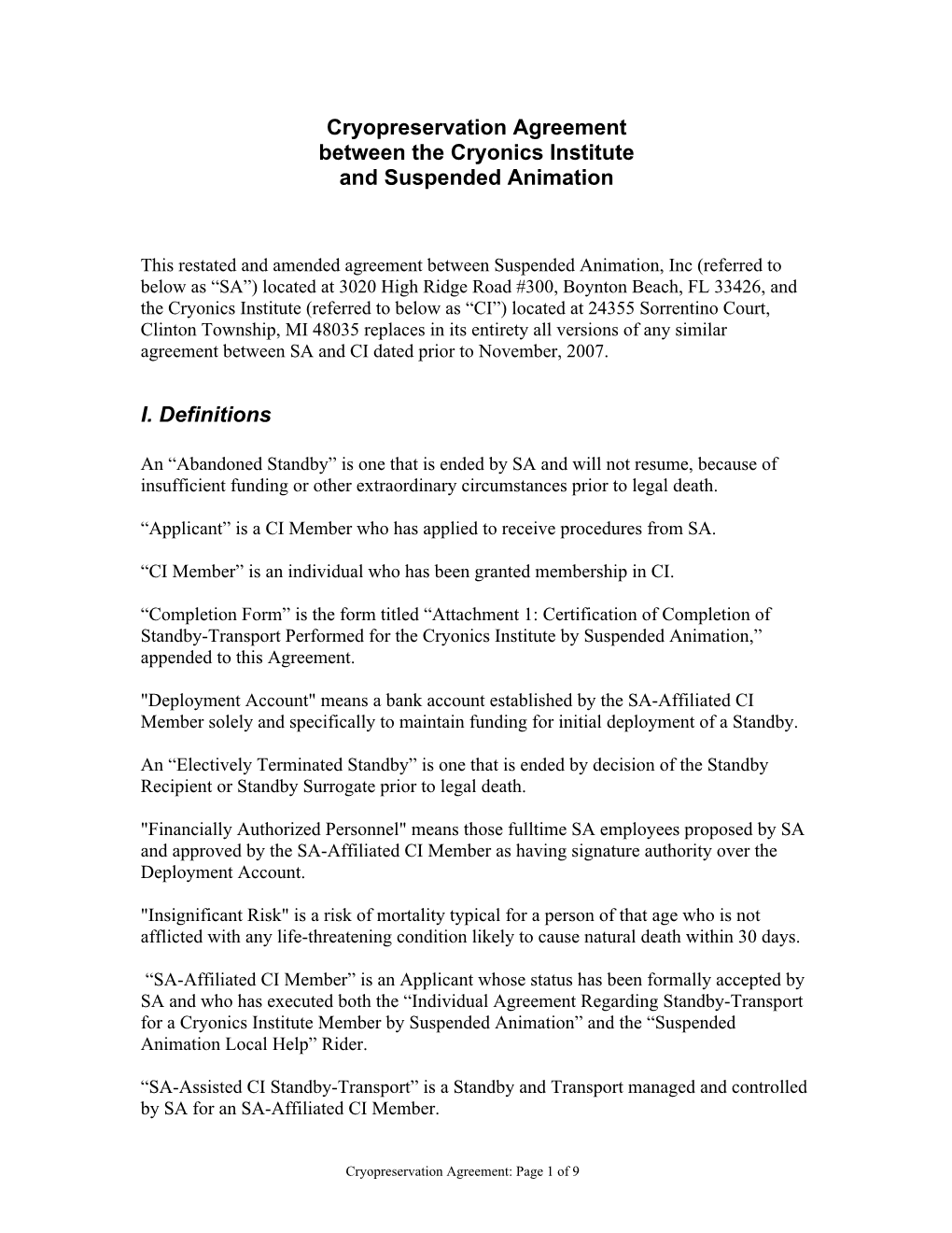 Cryopreservation Service Agreement Between the Cryonics Institute and Suspended Animation