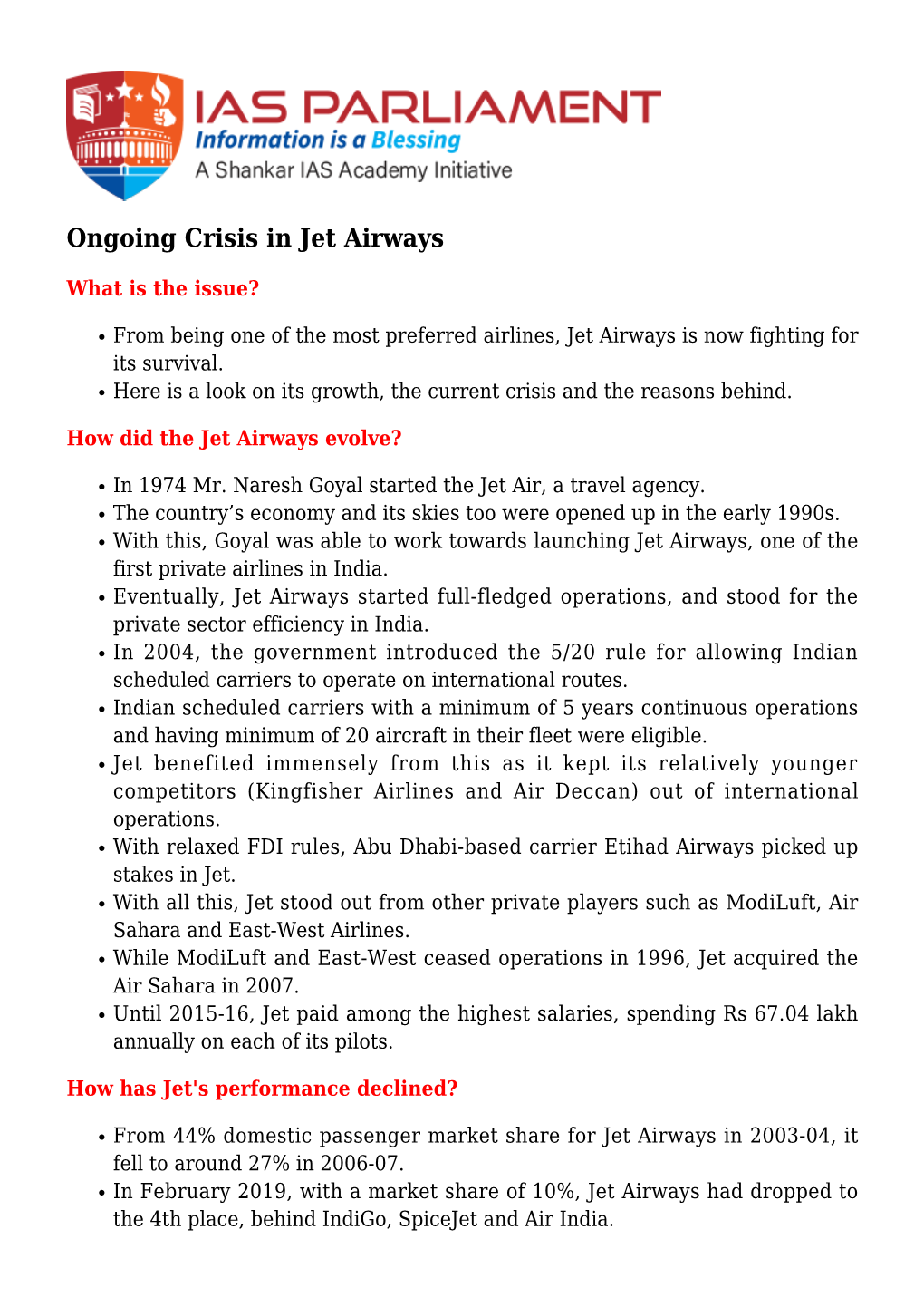 Ongoing Crisis in Jet Airways