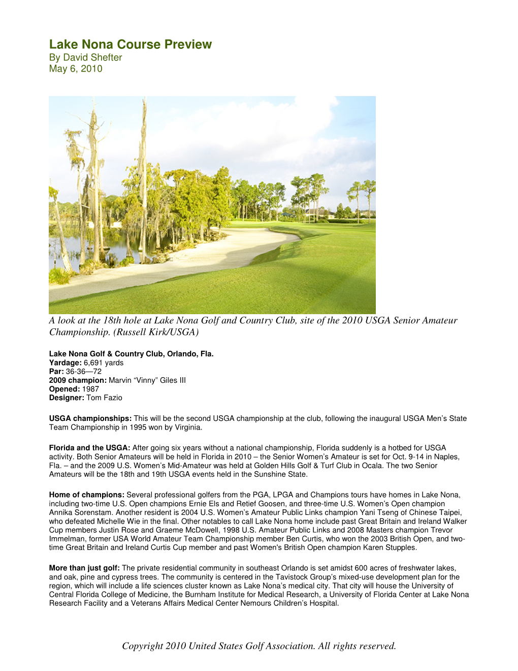 Lake Nona Course Preview by David Shefter May 6, 2010