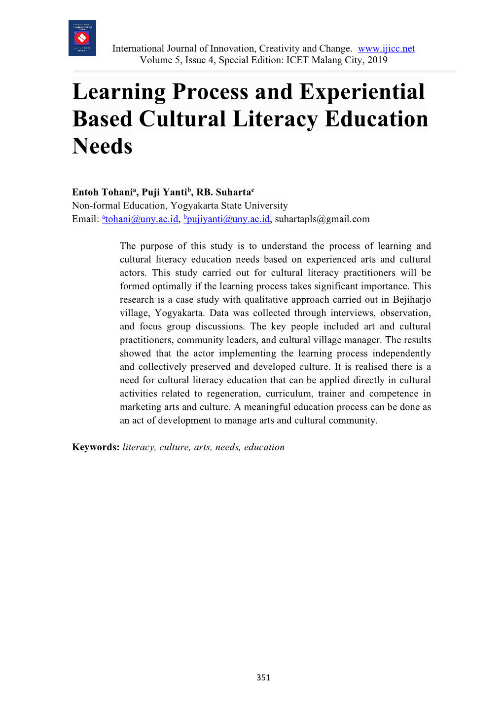 Learning Process and Experiential Based Cultural Literacy Education Needs