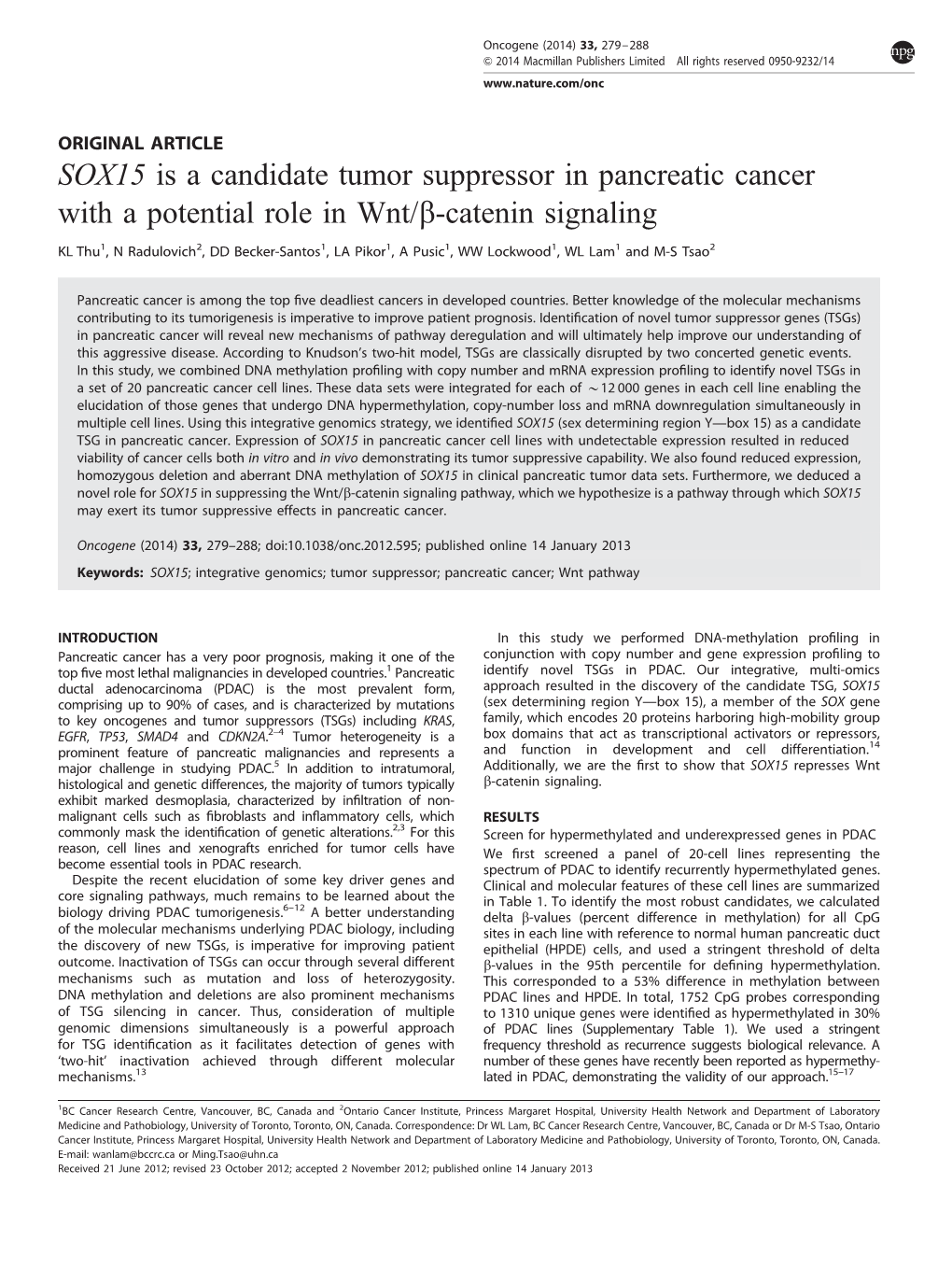 SOX15 Is a Candidate Tumor Suppressor in Pancreatic Cancer with a Potential Role in Wnt/B-Catenin Signaling