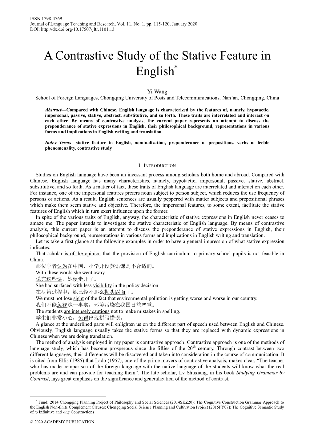 A Contrastive Study of the Stative Feature in English