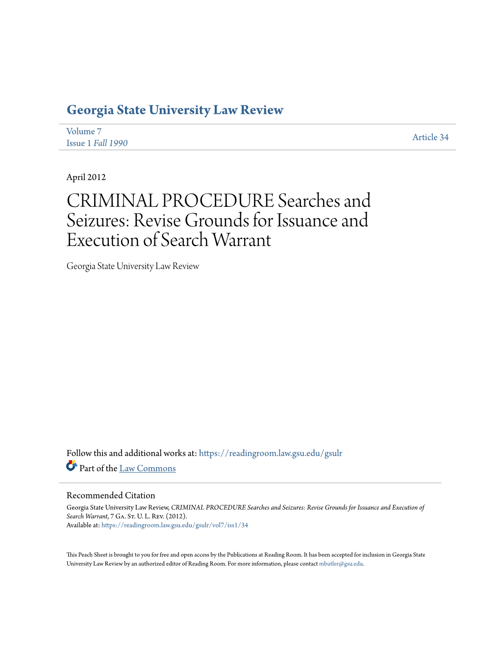 Revise Grounds for Issuance and Execution of Search Warrant Georgia State University Law Review