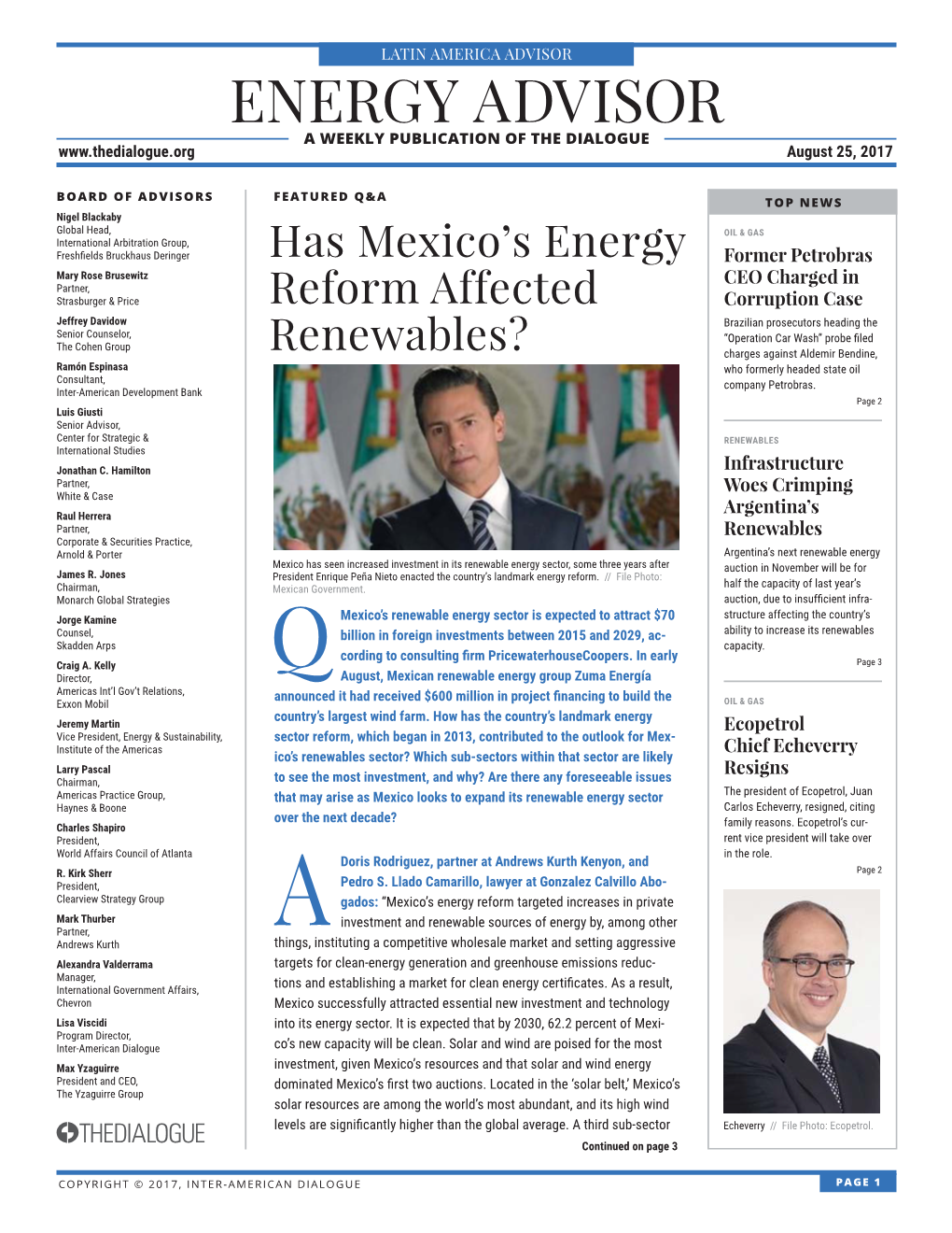 ENERGY ADVISOR a WEEKLY PUBLICATION of the DIALOGUE August 25, 2017