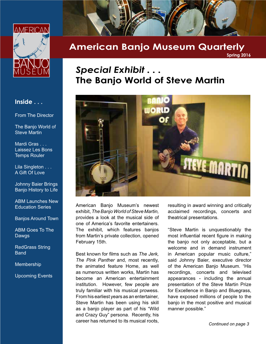 American Banjo Museum Quarterly Special Exhibit . . . the Banjo World of Steve Martin