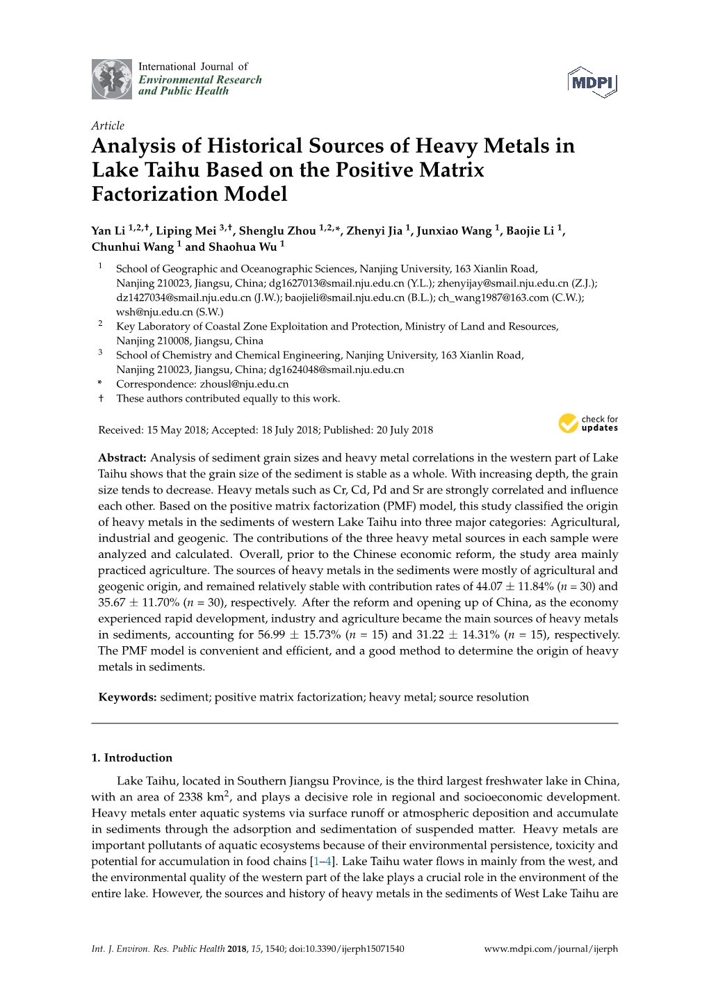Analysis of Historical Sources of Heavy Metals in Lake Taihu Based on the Positive Matrix Factorization Model
