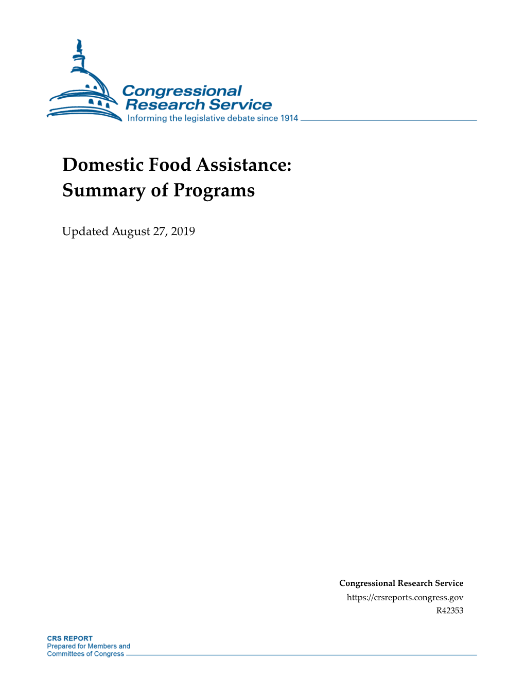 Domestic Food Assistance: Summary of Programs