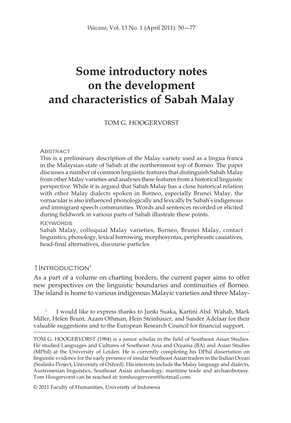 Some Introductory Notes on the Development and Characteristics of Sabah Malay