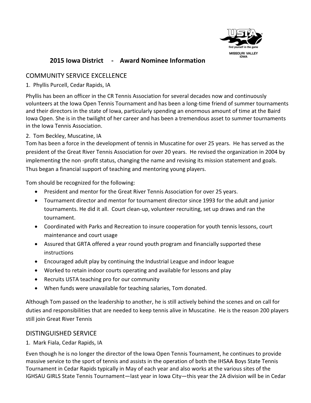 2015 Iowa District - Award Nominee Information