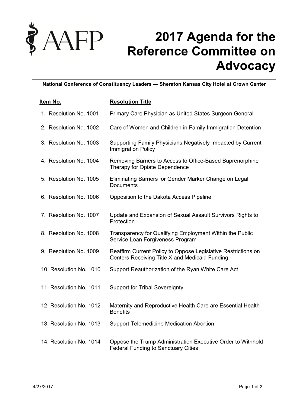 2017 Agenda for the Reference Committee on Advocacy