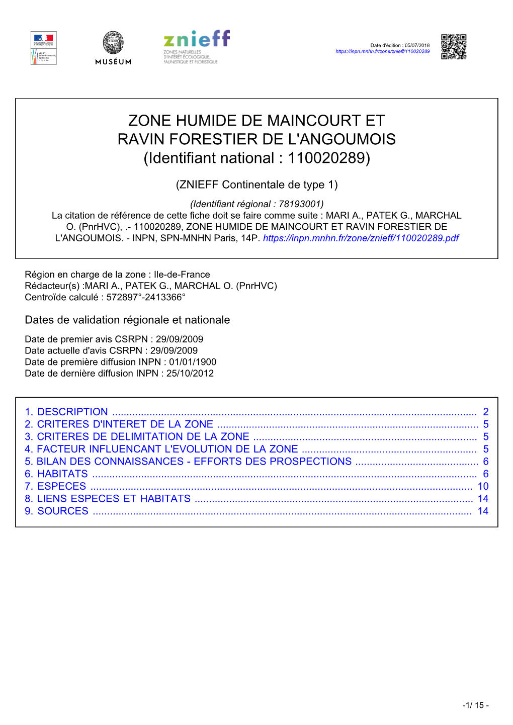 ZONE HUMIDE DE MAINCOURT ET RAVIN FORESTIER DE L'angoumois (Identifiant National : 110020289)