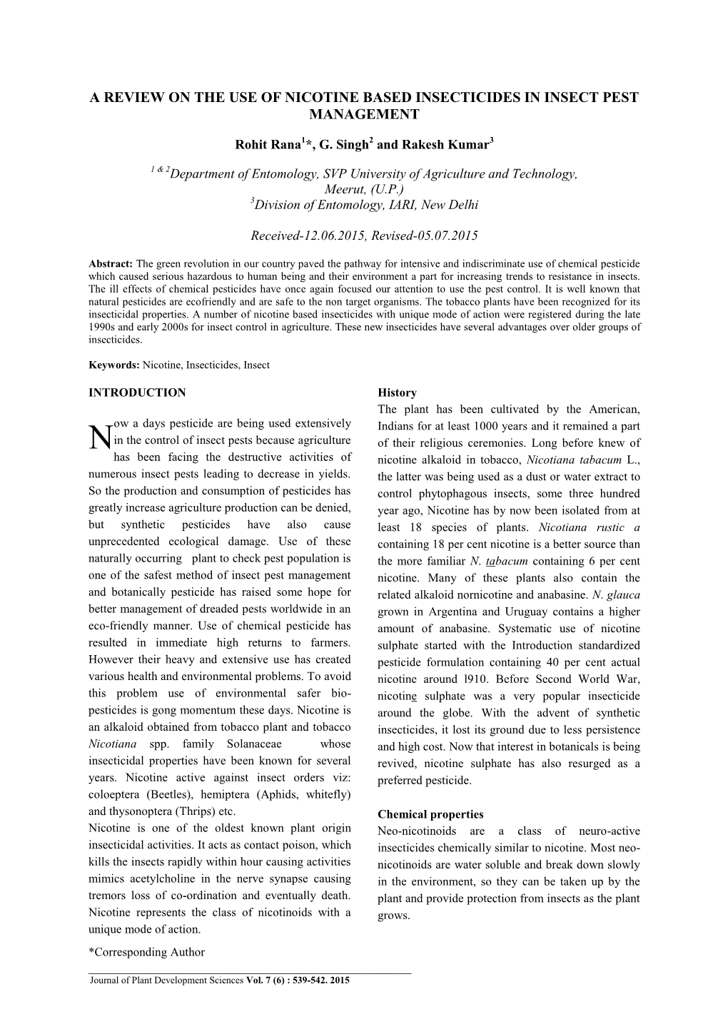 A Review on the Use of Nicotine Based Insecticides in Insect Pest Management