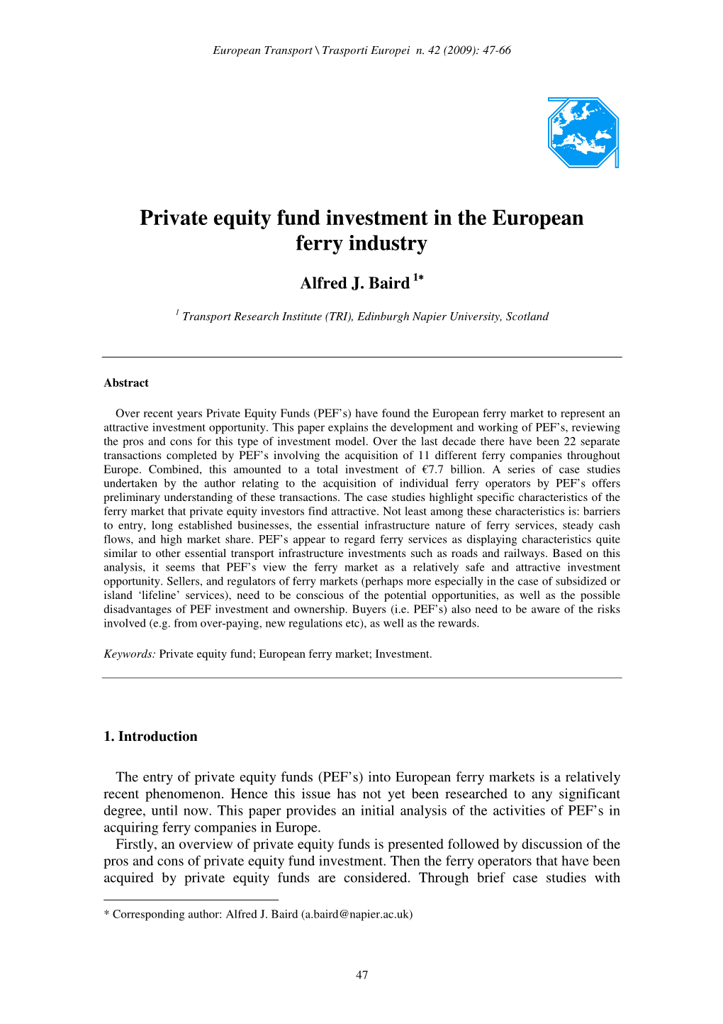 Private Equity Fund Investment in the European Ferry Industry