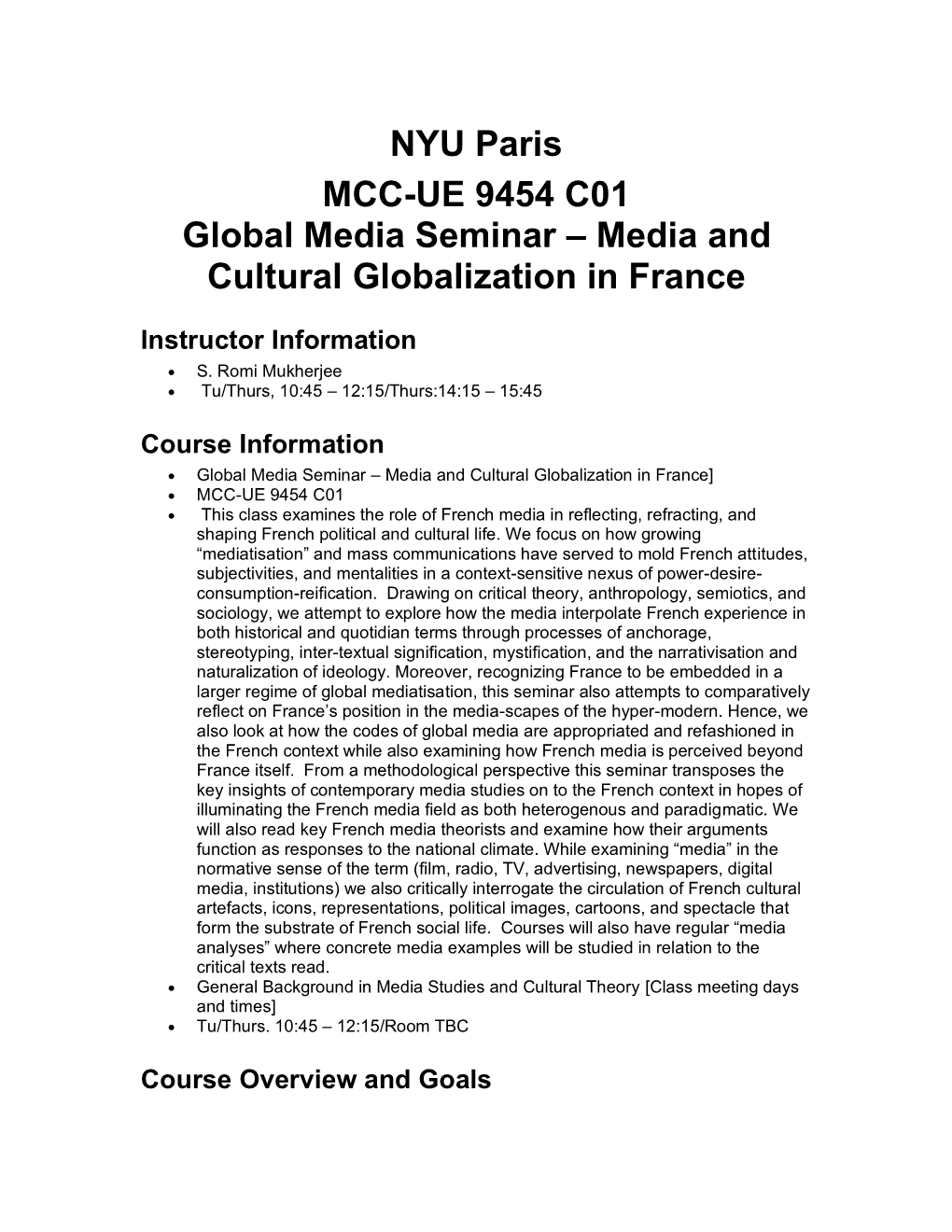 NYU Paris MCC-UE 9454 C01 Global Media Seminar – Media and Cultural Globalization in France