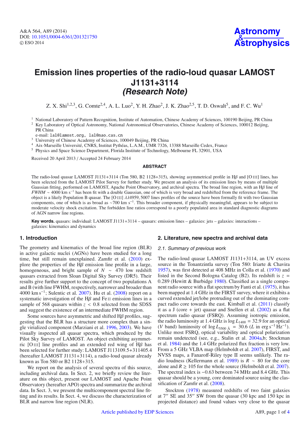 Emission Lines Properties of the Radio-Loud Quasar LAMOST J1131+3114 (Research Note)