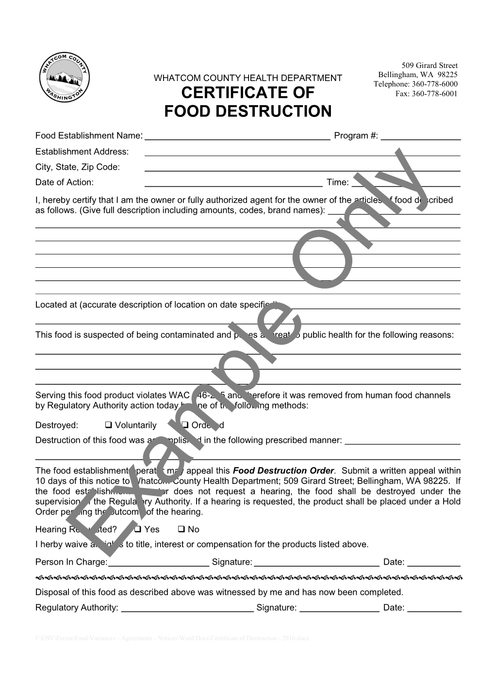 Certificate of Food Destruction