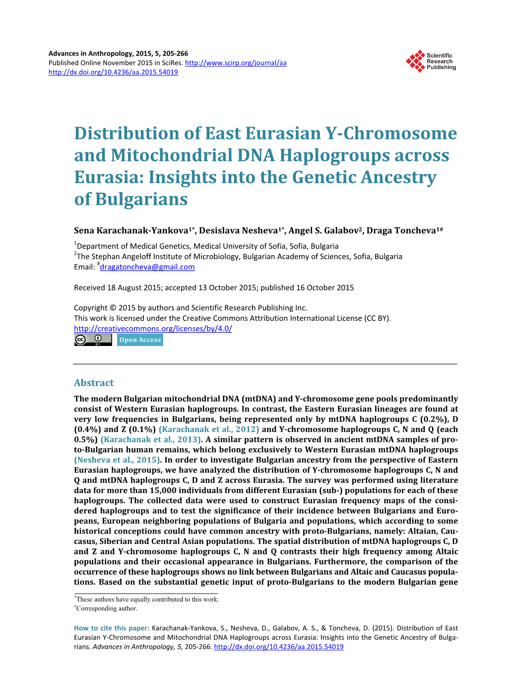 Distribution of East Eurasian Y-Chromosome and Mitochondrial DNA Haplogroups Across Eurasia: Insights Into the Genetic Ancestry of Bulgarians