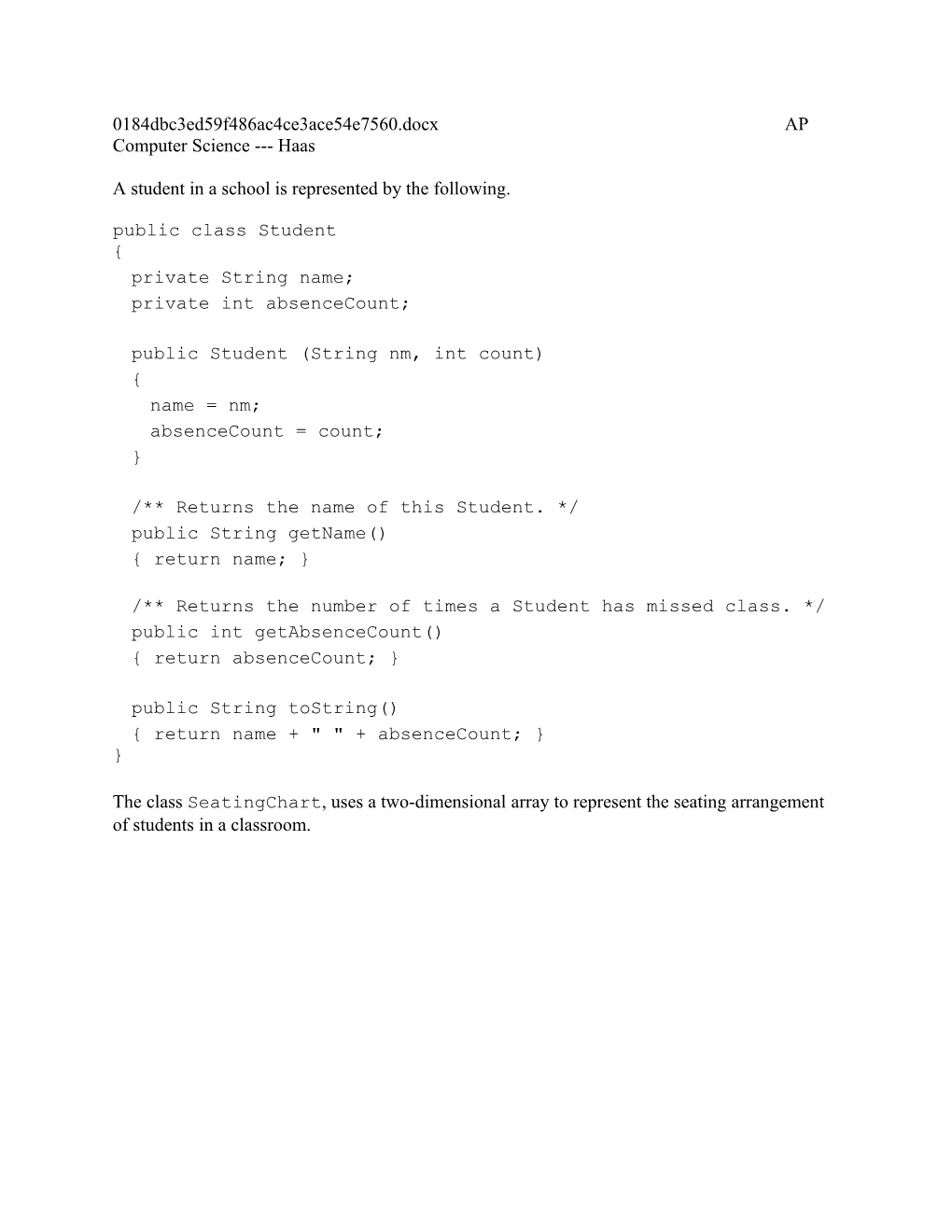 Seatingchart AP Computer Science Haas