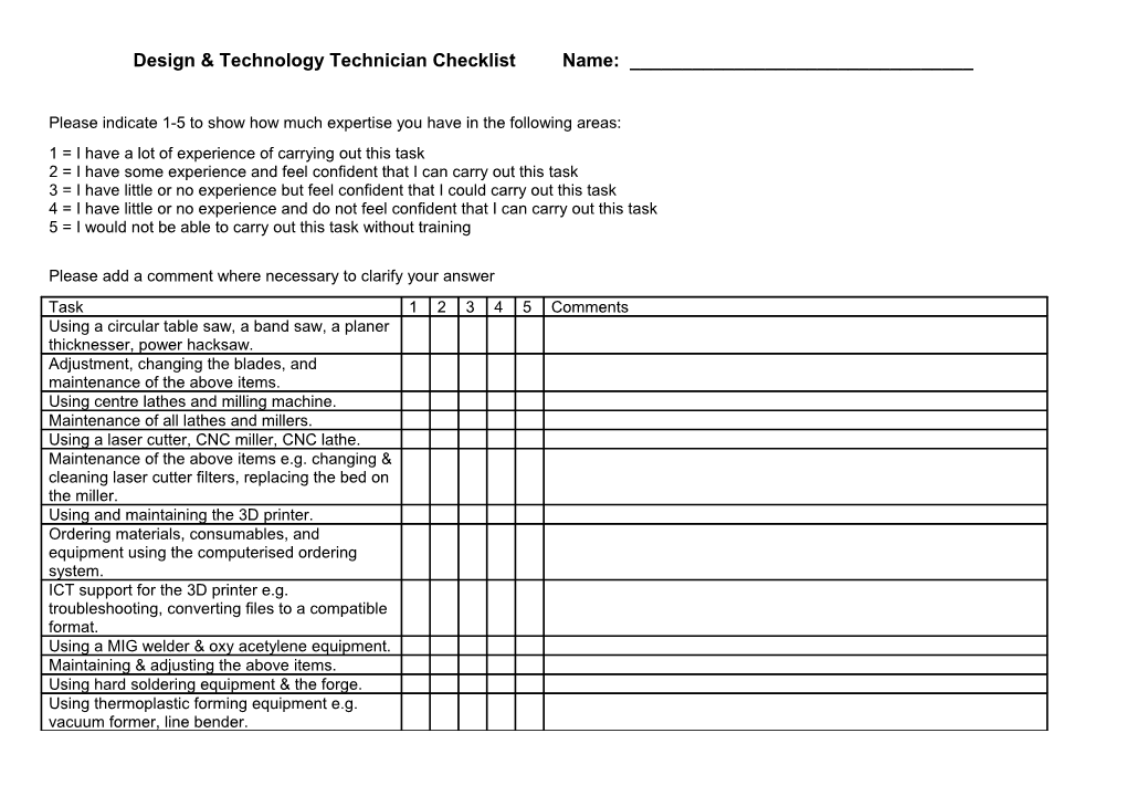 Design & Technology Technician Checklist Name: ______