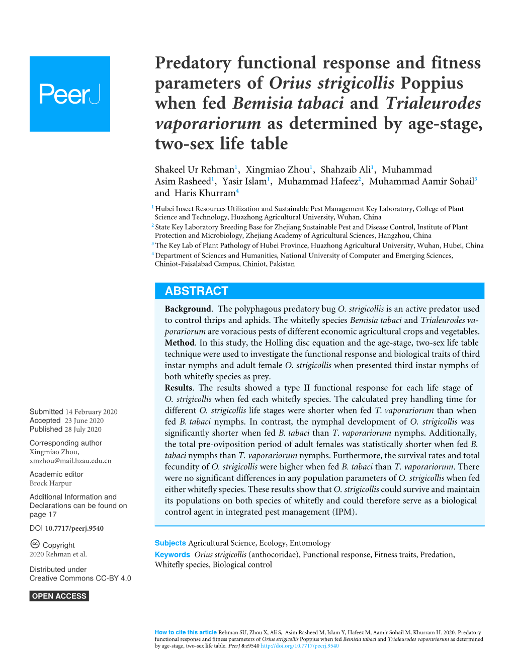 Predatory Functional Response and Fitness Parameters of Orius