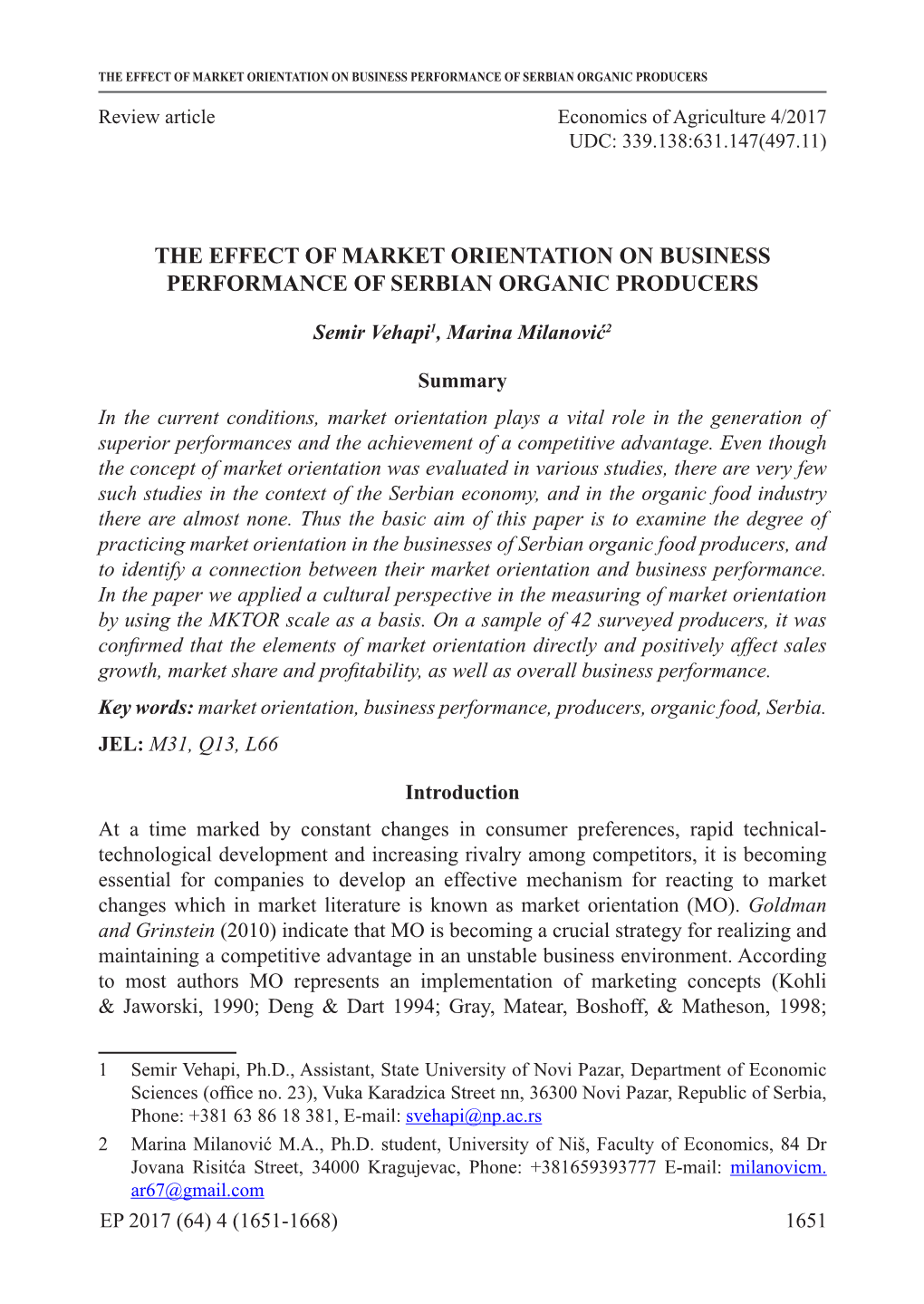 The Effect of Market Orientation on Business Performance of Serbian Organic Producers
