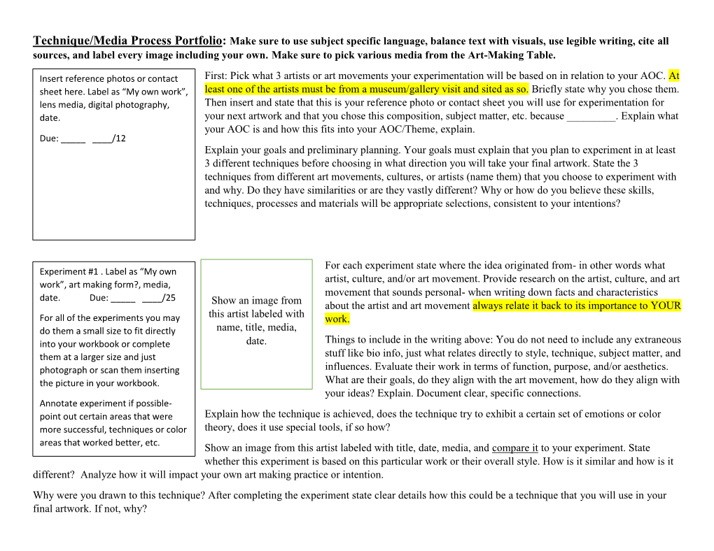 Technique/Media Process Portfolio: Make Sure to Use Subject Specific