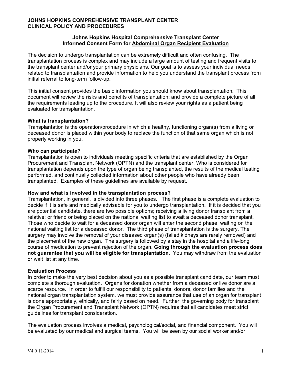 Living Donor Initial Consent Form for Evaluation