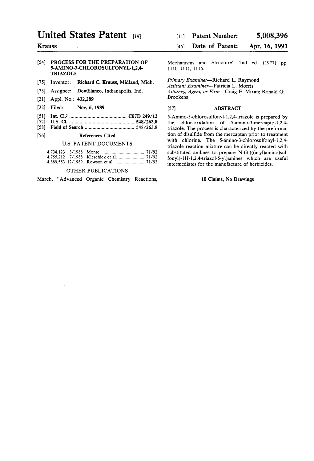 United States Patent (19) (1) Patent Number: 5,008,396 Krauss (45) Date of Patent: Apr