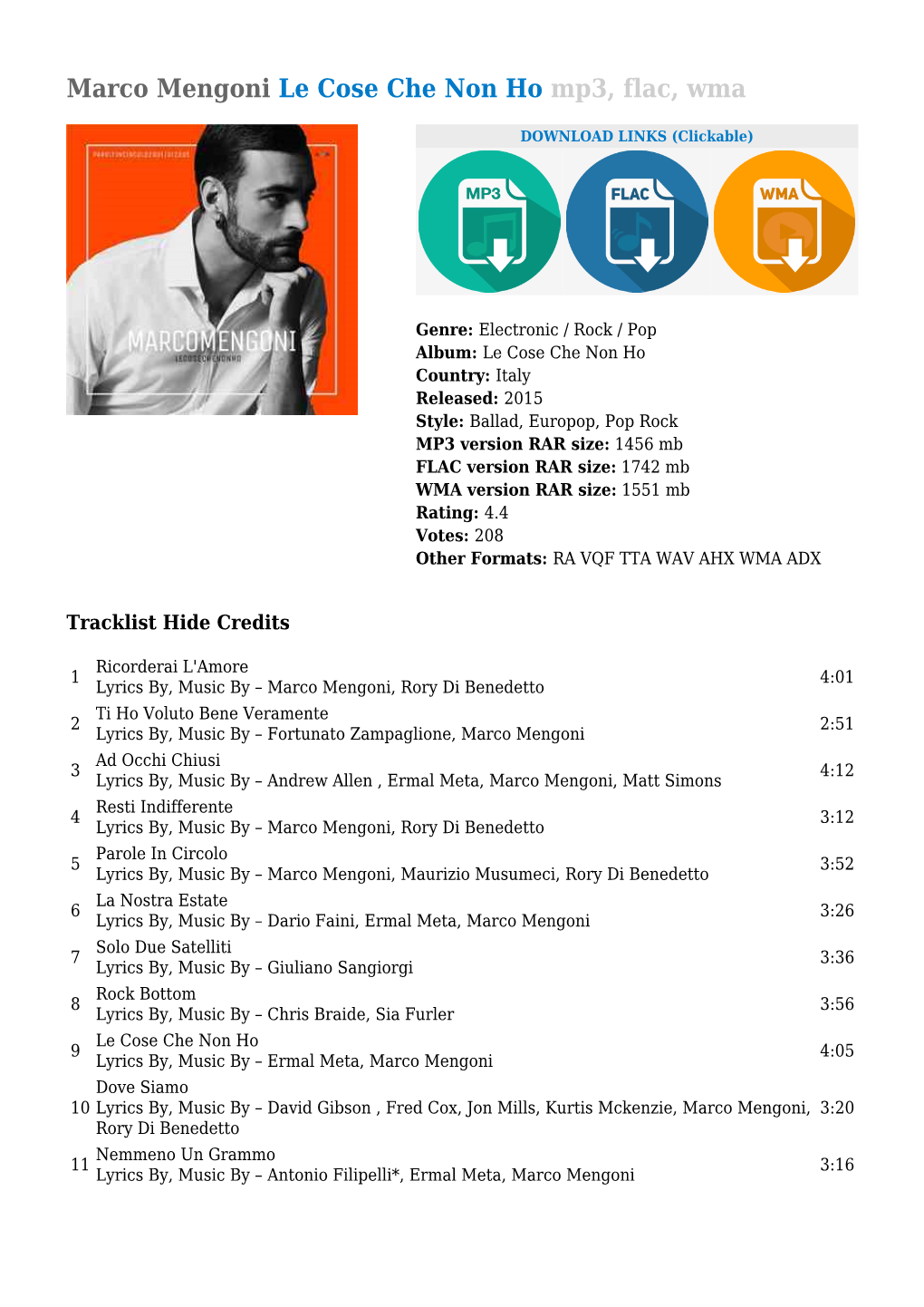 Marco Mengoni Le Cose Che Non Ho Mp3, Flac, Wma