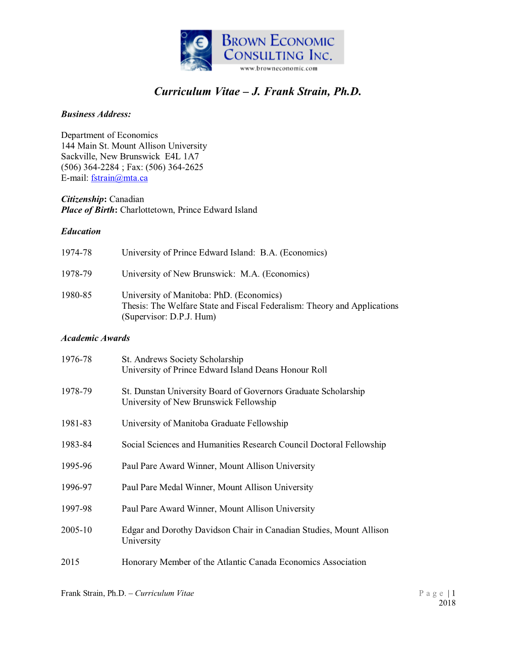 Curriculum Vitae – J. Frank Strain, Ph.D