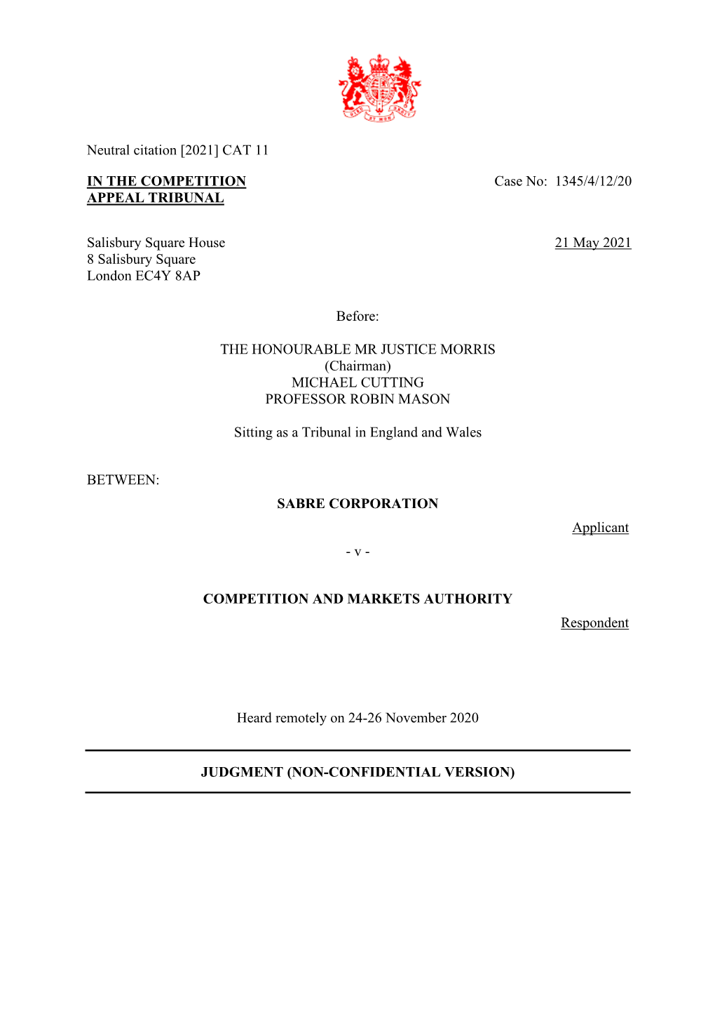 1345/4/12/20 Sabre Corporation V Competition and Markets Authority